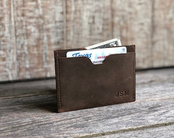 Porte-cartes fin en cuir, portefeuille personnalisé, portefeuille minimaliste avec poche sur le devant, petit porte-cartes d'identité fait main, cadeau d'anniversaire pour lui homme