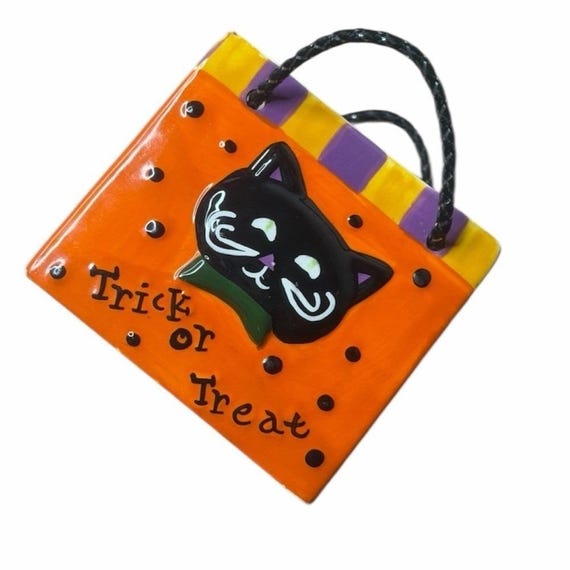 Vintage 90s Halloween Ceramic Candy Bag: Black Cat Trick or Treat Decoration