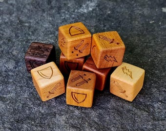 Munchkin Dungeon Hardwood Dice, 16mm size and made from Cherry or Sugar Maple, Double & Single Sword, Shield, Lightning Bolt and Blank sides