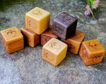 Heroscape Hardwood Dice, 16mm size and made from Cherry or Sugar Maple, Tabletop Game symbols shield, skull and Blank sides (Set of 10 Dice)