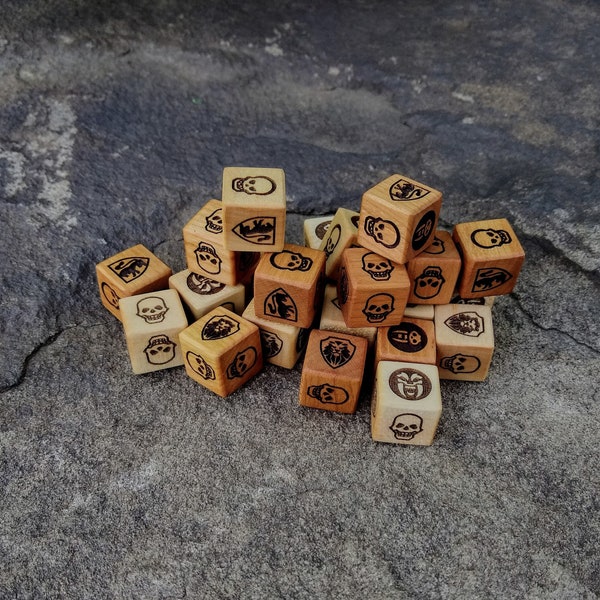 HeroQuest Hardwood Dice, 16mm in size and made from Cherry or Sugar Maple, Skull/Monster/Shield - Optional Revised and Original editions