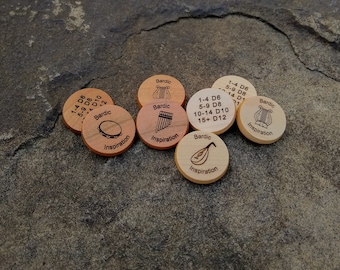 DnD 5e Bardic Inspiration Hardwood Tokens, made from select american hardwoods, Dungeons and Dragons Bard Inspiration Player Aid/Marker