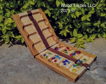 Mancala Folding Full Size Board made from North American Hardwood, with silver latches and hinges.