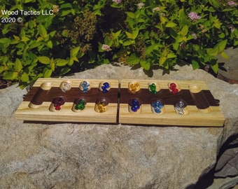 Folding Mancala Board, Travel Size - made from North American Hardwood, silver latches and hinges. Kalah Tabletop Board Game, easy to store.