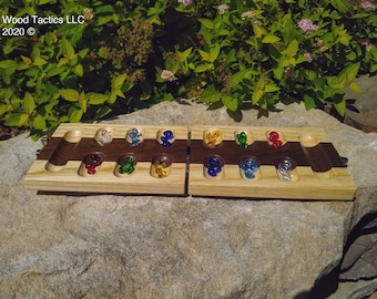 Tablero Mancala plegable, tamaño viaje, fabricado con madera noble norteamericana, con cierres y bisagras plateados. Juego de mesa Kalah, fácil de guardar.
