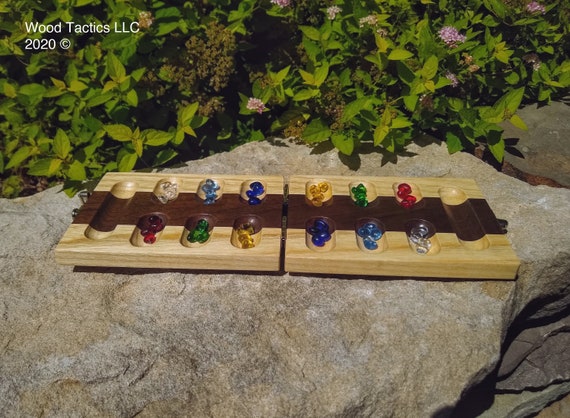 Folding Mancala Board, Travel Size - made from North American Hardwood, silver latches and hinges. Kalah Tabletop Board Game, easy to store.