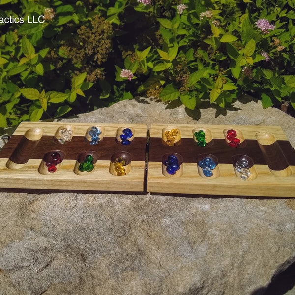 Folding Mancala Board, Travel Size - made from North American Hardwood, silver latches and hinges. Kalah Tabletop Board Game, easy to store.