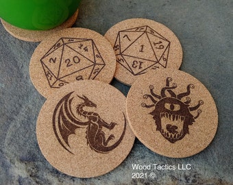 RPG/D20 Coasters, made from Cork - Eye Beast, Dragon, D20 perfect gift for the DnD/Dungeons and Dragons/Pathfinder/RPG gamer you know!