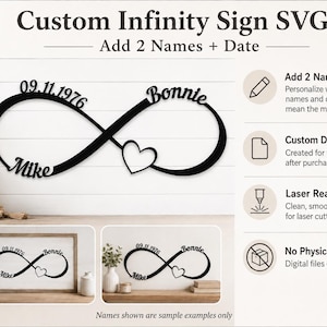 Peut inclure: Une décoration murale en forme de signe infini noir avec les prénoms Mike et Bonnie, la date 09.11.1976 et un cœur. Le texte Custom Infinity Sign SVG Add 2 Names + Date est affiché avec des icônes pour la personnalisation et la découpe laser.