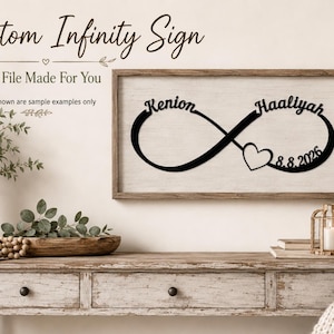 May include: A black infinity sign wall decoration featuring the names Kenion and Haaliyah integrated into the loops, with a heart shape and the date 8.8.2026 attached to the lower right side, presented as a digital file design for custom signage.
