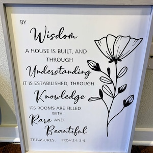 Pode incluir: Uma placa branca enquadrada com texto preto e um desenho floral preto. O texto diz "Por sabedoria se constrói uma casa, e por inteligência se firma, por conhecimento se enchem os seus aposentos de tesouros preciosos e raros. Prov 24: 3-4"