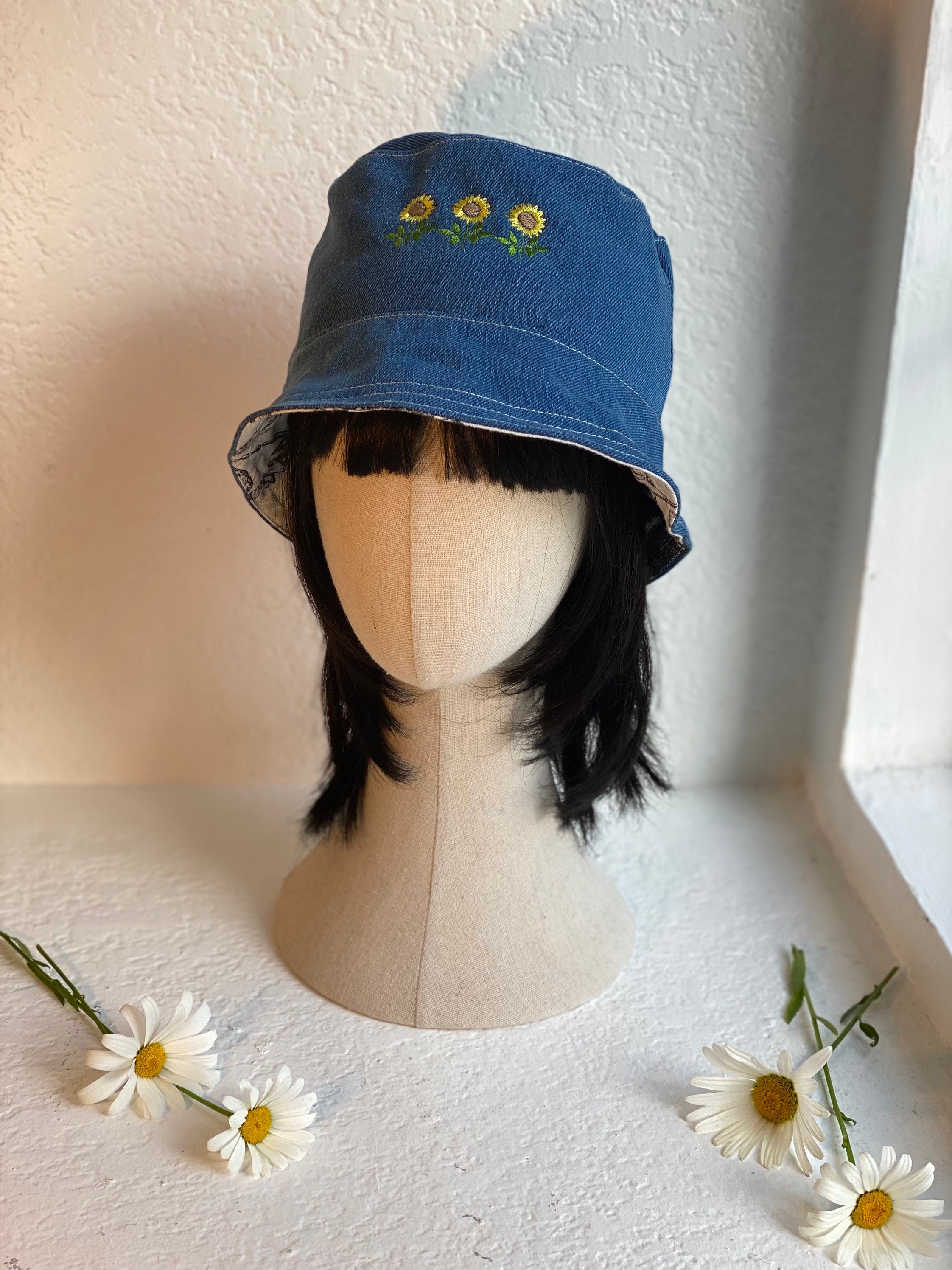 Embroidered Bucket hat With Sunflowers Denim Hats for women Etsy