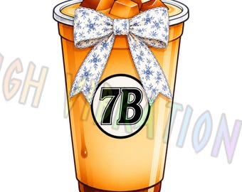 Seven Brew Coffee Cup PNG: Floral Bow DTF Transfer Design