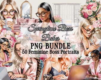 Springtime Boss Babes PNG Bundle | 50 Feminine Girl Boss Clipart | Stylish Business Woman Illustrations | Canva & Branding Graphics