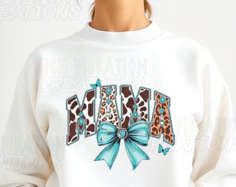 Mamá con estampado de leopardo y vaca PNG: Diseño de camiseta bohemia occidental para mamá (descarga digital)