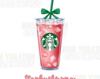 Transferencia DTF de taza de café Starbucks: Diseño PNG de lazo de crochet verde