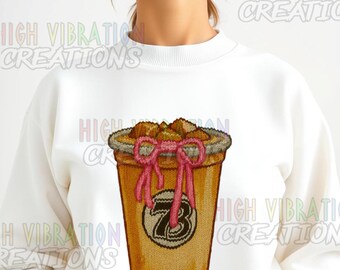 Taza de café tejida Seven Brew con diseño de transferencia DTF de lazo rosa (PNG)