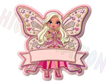 Adorno para pastel de princesa hada rosa, clipart de niña rubia con alas de mariposa (descarga digital)