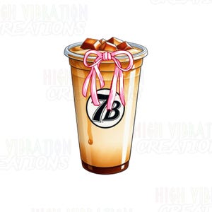 May include: A brown iced coffee drink with a pink ribbon and the text "7B" on the side of the cup.