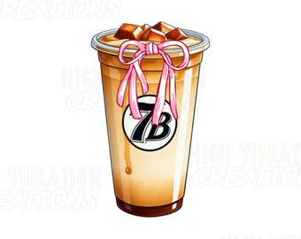 Taza de café Seven Brew con lazo rosa, diseño de transferencia DTF (PNG)