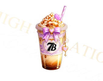 Seven Brew Coffee Cup with Purple Bow DTF Transfer Design (PNG)