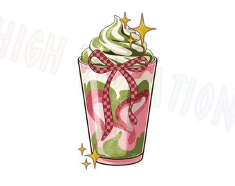 Latte de matcha de fresa PNG / Clipart de bebida Coquette (Descarga digital)