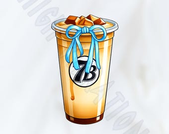 Taza de café Seven Brew PNG: Diseño de transferencia DTF con lazo azul