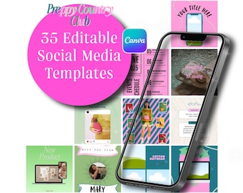 Plantillas modernas y preppy para redes sociales de Canva / Paquete de plantillas de Instagram en rosa, azul y verde / Kit de marca editable para pequeñas empresas, Coach, On