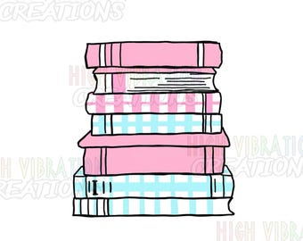 Pila de libros rosa y azul PNG / Imágenes prediseñadas de libros para chicas / Descarga digital de cuadros vichy estilo preppy