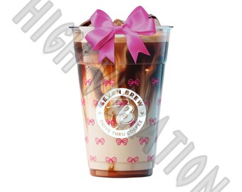 Taza de café Seven Brew PNG: Diseño de transferencia DTF con lazo rosa
