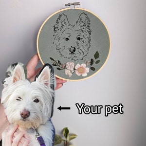 Peut inclure: Un chien blanc aux yeux noirs et au nez noir est assis sur les genoux d'une personne. Le chien porte un collier violet. La personne tient la tête du chien. Un cerceau de broderie vert avec un dessin au trait noir et blanc d'un chien avec des fleurs est en arrière-plan. Le texte "Votre animal de compagnie" est sous le cerceau.