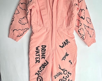 Vintage 80s Painted Snowsuit, Upcycled Ski Suit, Art to Wear (Womens L)