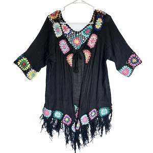 Vintage Granny Square Fringe Kaftan Cover Up Cardigan Tie Front Duster Women M L