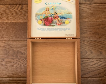 Vintage Camacho Cigar Box, Full Color Graphic, Hinged Wood Box