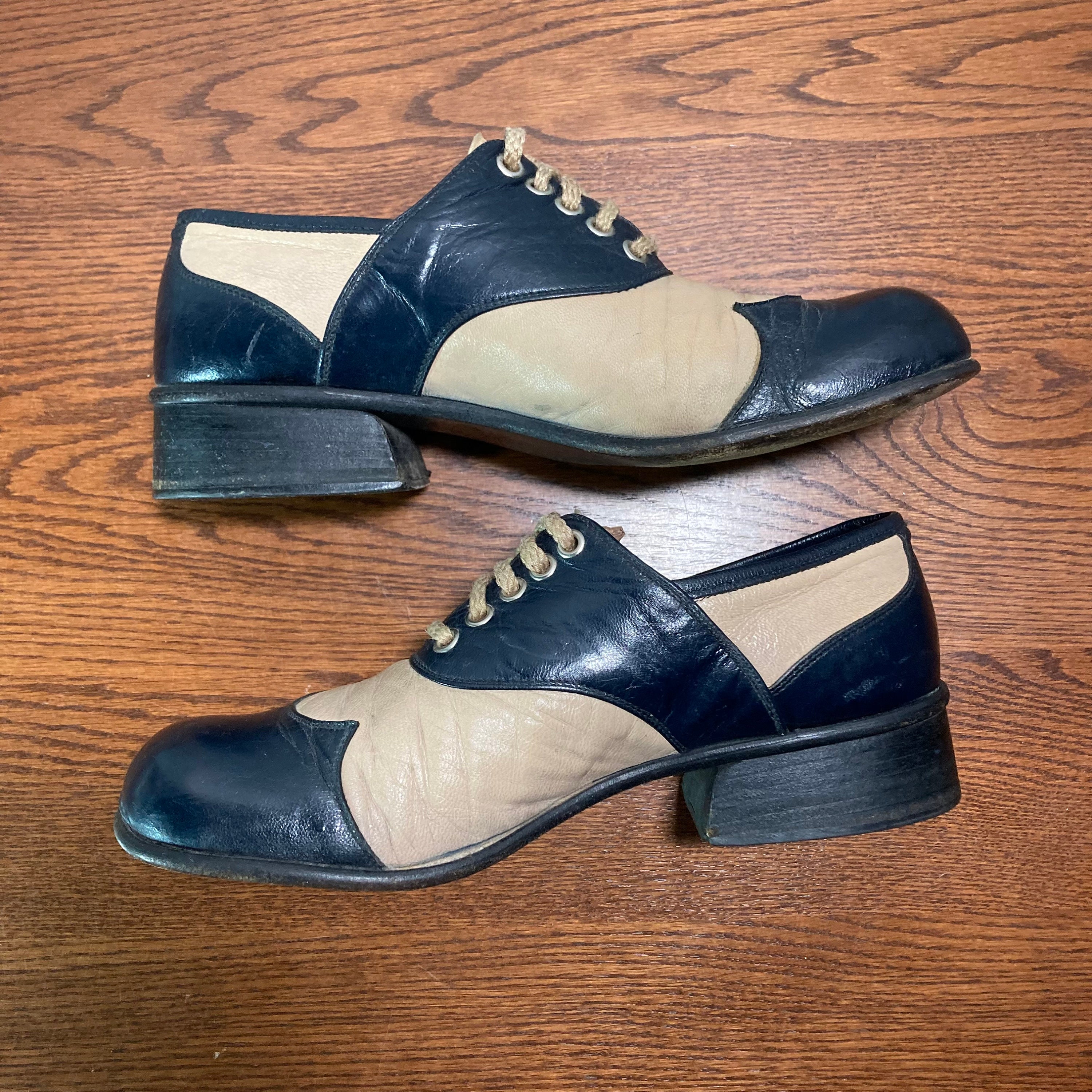 Vintage 1960s 1970s Mens Platform Disco 2 Tone Leather Round Vintage 1960s 1970s Mens Platform Disco 2 Tone Leather Round