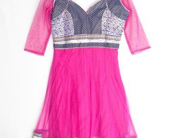 Handmade Anarkali Dress Fuchsia Magenta Gold Royal Blue Embroidered Mesh Velvet Vibrant Festival Midi