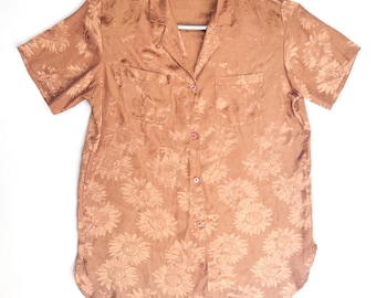 Vintage Victoria Secret Sunflower Jacquard Satin Sleep Shirt – Bronze Brown L