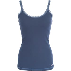 May include: A dark blue ribbed camisole featuring a scoop neckline with delicate lace trim along the edges and thin shoulder straps. The garment has a fitted silhouette and a small embroidered logo detail near the bottom hemline on the front.