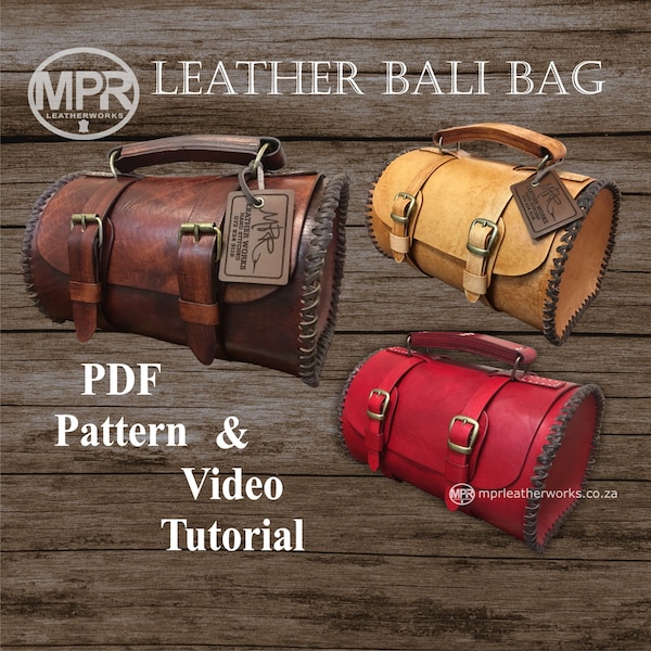 Bali Bag Leather Pattern: Leather Barrel bag, DIY Bali Bag, Easy pattern with Video tutorial, hand sew leather bag