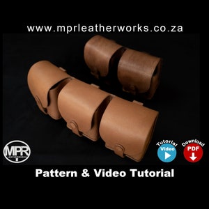 May include: A set of four brown leather pouches with a pattern and video tutorial available for download. The pouches are arranged in a curved line, with the two on the left side of the image being slightly larger than the two on the right. The pouches are made of a soft, supple leather and have a simple, elegant design. The text "www.mprleatherworks.co.za" is visible at the top of the image.