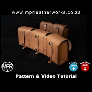 May include: Two brown leather magazine pouches with stitching detail. The pouches are stacked on top of each other. The image includes the text "www.mprleatherworks.co.za" and "Pattern & Video Tutorial".