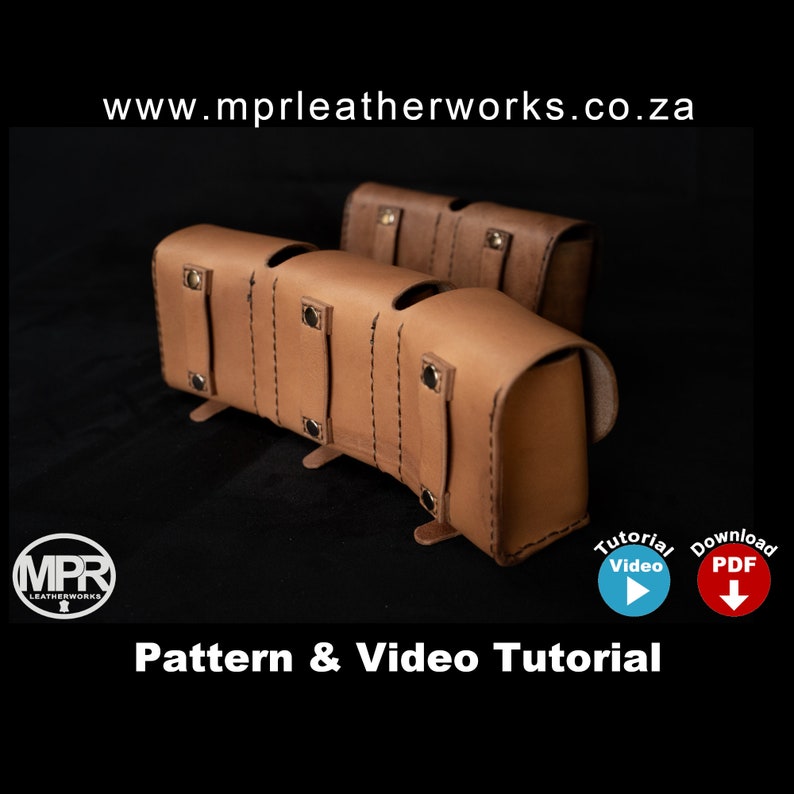 May include: Two brown leather magazine pouches with stitching detail. The pouches are stacked on top of each other. The image includes the text "www.mprleatherworks.co.za" and "Pattern & Video Tutorial".