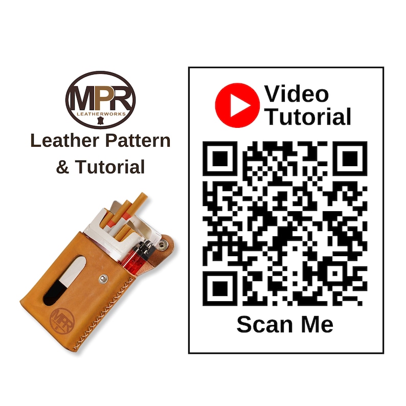 Puede incluir: Una caja de cigarrillos de cuero marr&oacute;n con un encendedor plateado y cigarrillos en su interior. La caja tiene un peque&ntilde;o logotipo en la parte delantera que dice "MPR Leatherworks". Se muestra un c&oacute;digo QR con el texto "Tutorial de v&iacute;deo" y "Escanea".