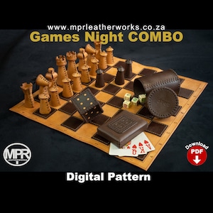 Games Night Combo Leather Muster: 4-in-1-Musterpaket enthält Schachset; Würfelbecher; Spielkarten Etui; Großer Würfel. PDF-Download.