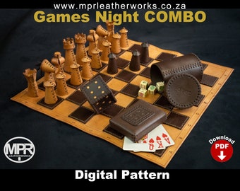 Games Night Combo Leather pattern: 4-in-1 pattern pack includes Chess set; Dice cup; Playing cards case; Large dice. PDF Download.