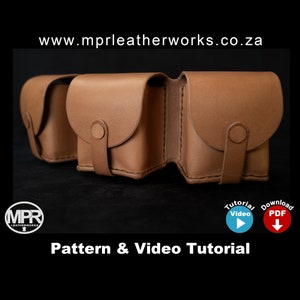 May include: Three brown leather pouches with a snap closure and a stitched seam. The pouches are arranged in a row, with the middle pouch slightly raised. The text "www.mprleatherworks.co.za" is visible at the top of the image. The text "Pattern & Video Tutorial" is visible at the bottom of the image. There are two icons, one with a play button and the text "Tutorial Video" and the other with a download arrow and the text "Download PDF".