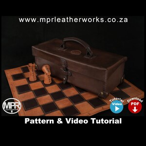 Leather chess set: Printable PDF pattern and video tutorial by MPR Leatherworks. Leather chess board and all chess pieces in leather. Unique leather pattern for hand stitching. Digital download PDF leather craft pattern.