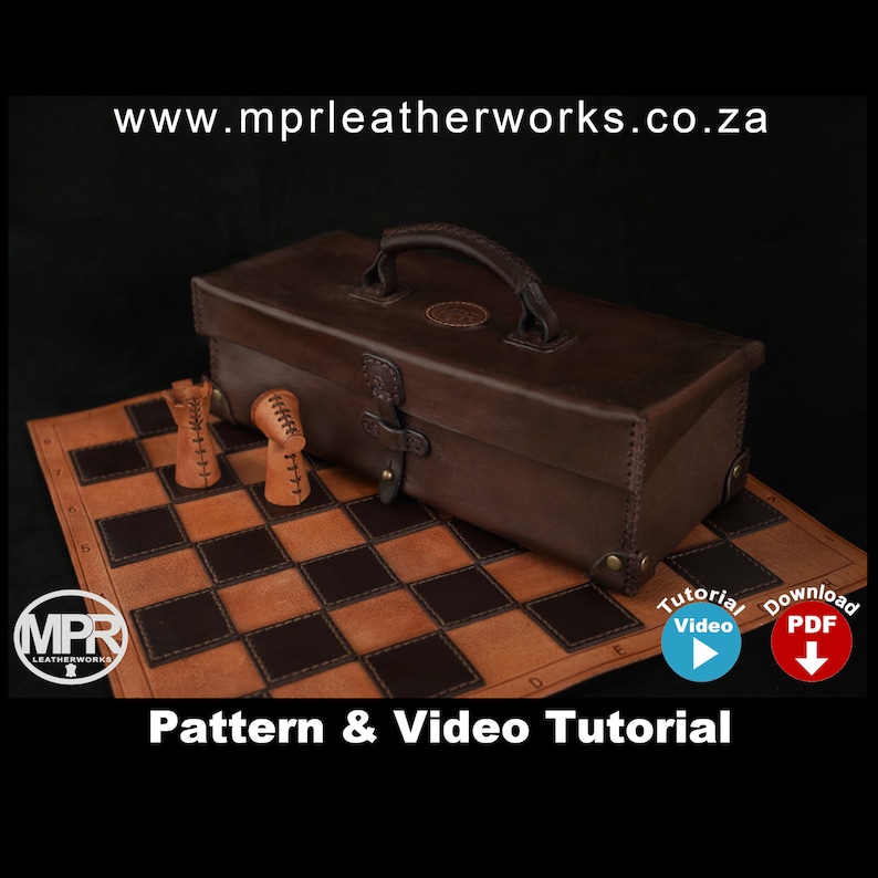 Leather chess set: Printable PDF pattern and video tutorial by MPR Leatherworks. Leather chess board and all chess pieces in leather. Unique leather pattern for hand stitching. Digital download PDF leather craft pattern.