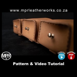 May include: A close-up of a three-compartment leather box with a stitched edge. The box is made of brown leather and has silver metal accents. The text "www.mprleatherworks.co.za" is visible at the top of the image. The text "Pattern & Video Tutorial" is visible at the bottom of the image. There are two icons, one for a video tutorial and one for a downloadable PDF.