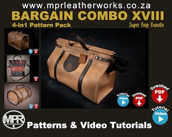 May include: A 4-in-1 leather bag pattern pack, "Bargain Combo XVIII", with video tutorials and downloadable PDF patterns. The pack includes four different bag styles: a small travel bag, a large duffel bag, a small satchel, and a cylindrical bag. The image shows the large duffel bag in brown leather with brown leather straps and brass hardware.